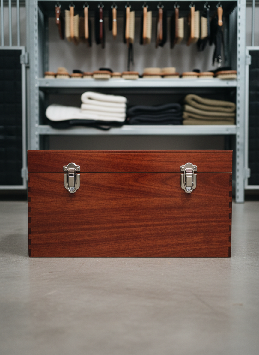 A close-up of a polished mahogany tack box with shiny silver locks, resting on a smooth concrete floor in an immaculate stable aisle. The box’s grain textures and subtle gleam are highlighted by focused overhead lighting, revealing meticulous upkeep. Neutral grays and wood browns dominate, and the backdrop is blurred shelving lined with neatly arranged grooming brushes and folded saddle pads. Shot from a lower angle to enhance the box’s presence but maintain strict structure and order in the setting. The atmosphere conveys professionalism and meticulous care, reinforcing the business’s image of equine expertise and reliability. Photographic realism with a minimalist, structured corporate aesthetic.