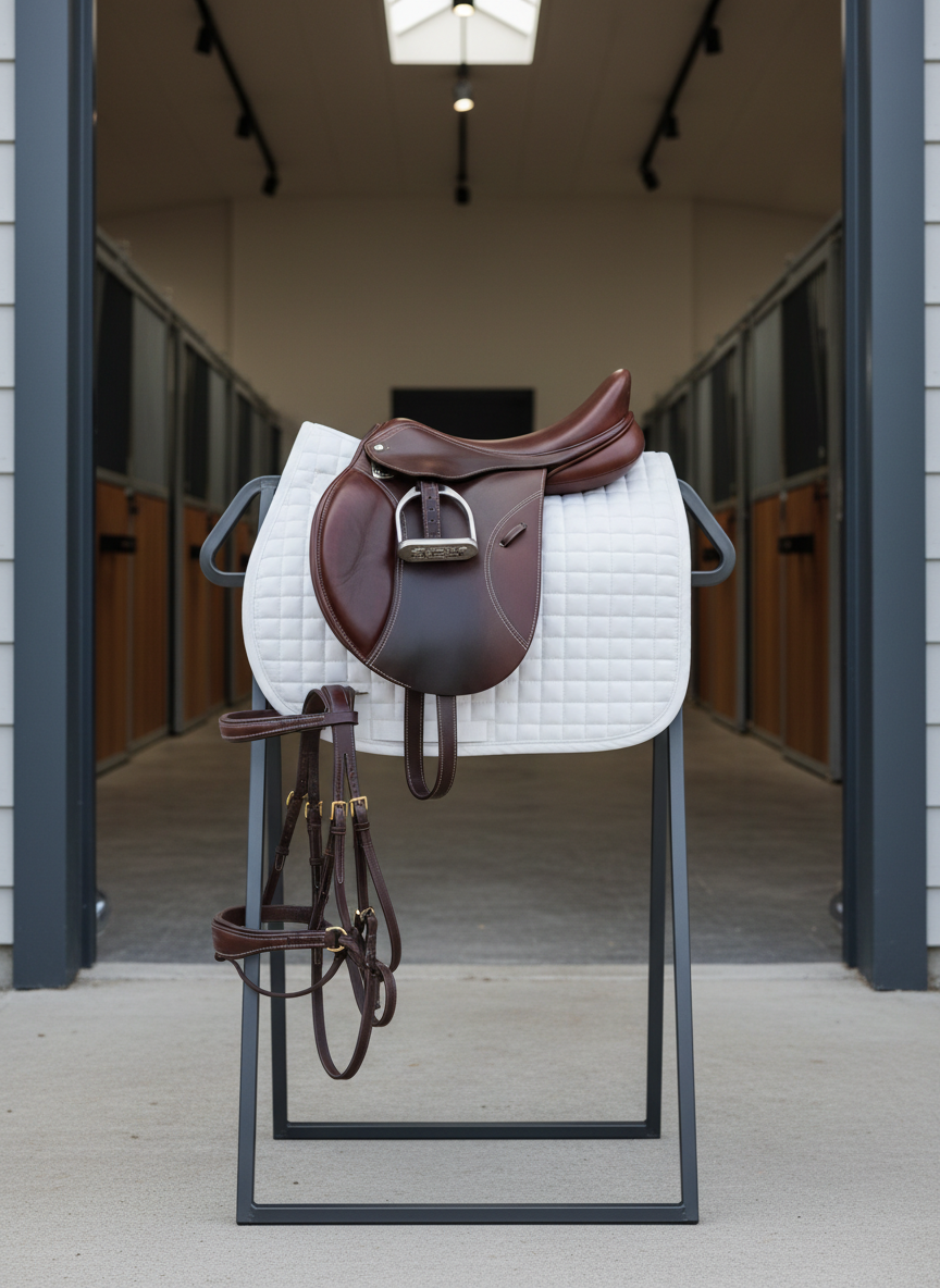 A structured tableau of high-quality equestrian gear: a glossy brown leather saddle with precise white stitching, a set of coordinated reins, and a well-fitted bridle, all artfully arranged atop a pristine white wool saddle pad. The items are displayed on a robust, powder-coated steel tack stand near a wide, contemporary stable doorway. Neutral, soft overhead lighting casts gentle, crisp shadows, enhancing the soft leather textures and clean structural lines. The camera frame is a centered, symmetrical composition, focused entirely on the gear. The mood exudes trustworthiness, expertise, and clean professionalism, perfectly suiting an instructional equestrian business. Photographic realism and modern, corporate style.